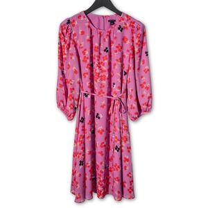Ann Taylor Dress Womens M Pink Floral Midi Belted 3/4 Sleeve Preppy Office Work